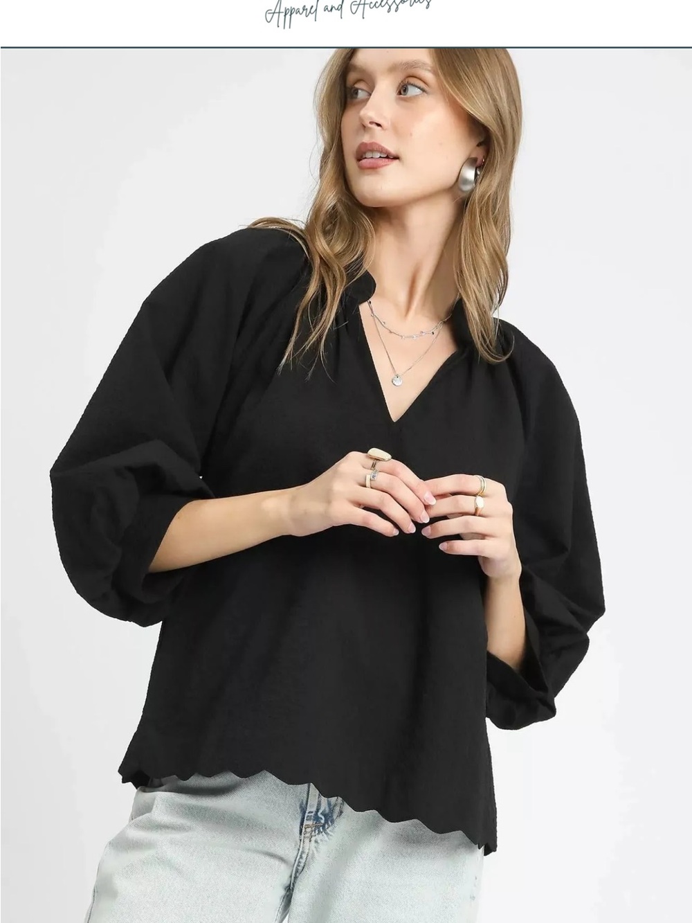 Ulla Johnson Women's Black V-Neck Scallop Hem Blouse. Size 0, fits like small.